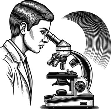 A focused scientist intently observes intricate details through a powerful microscope, delving into the fascinating world of microscopic life and scientific discovery vector