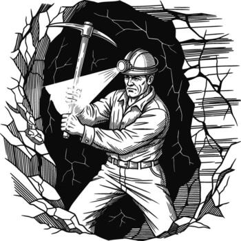 Dynamic monochrome illustration of a dedicated miner vigorously striking a rock wall with a pickaxe, highlighting the challenging and essential work of underground resource extraction vector
