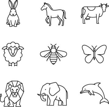 Simple line art icons of animals including a rabbit, horse, cow, sheep, bee, butterfly, lion, elephant, and dolphin, presented in a clean, modern style for easy comprehension and application vector