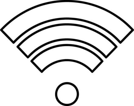 A simple black and white line art illustration of a Wi-Fi signal icon, representing wireless internet connectivity, broadcasting, and communication vector