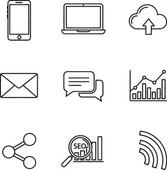Essential digital communication and data analysis icons for website design, including email, social sharing, and cloud storage concepts vector