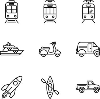 A versatile collection of modern line art icons depicting various modes of transportation, including land, water, and air vehicles, suitable for web, mobile apps, and graphic design projects vector