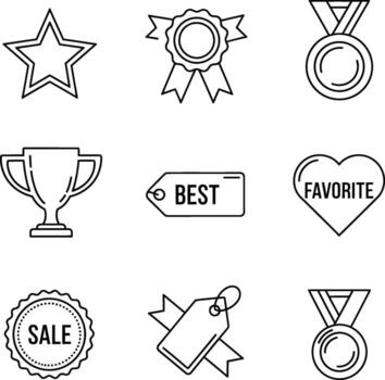 A distinct collection of line art icons symbolizing achievement, excellence, popularity, and sales. Perfect for modern design projects, enhancing digital and print visuals vector