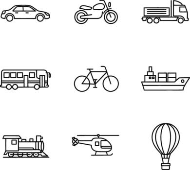 A collection of simple line art icons representing various modes of transportation, perfect for graphic design projects and informational materials showcasing transit options vector