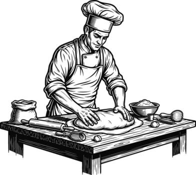 An illustration of a chef kneading dough on a wooden table with various baking tools, representing the art of making bread, perfect for culinary and bakery-related projects vector