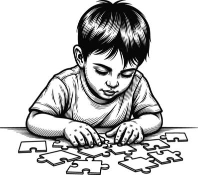 Engrossed in Puzzles A Boy's Intense Focus on Solving a Jigsaw, Showcasing Concentration and Determination vector