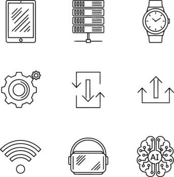 Digital technology icons and symbols for modern devices and data management, representing connectivity, computing, and artificial intelligence in a clean line art style vector