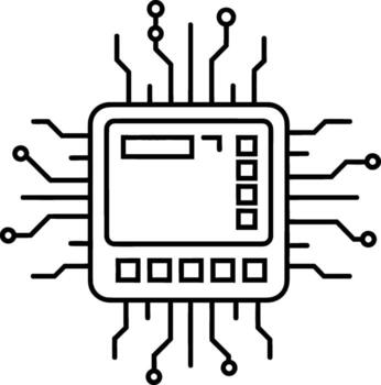 Minimalist black line art illustration of a microchip, central processing unit, integrated circuit, symbolizing digital technology and electronic progress vector