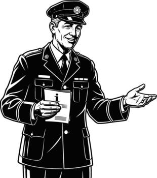 Stylized graphic of a confident uniformed professional explaining details, holding a document and gesturing openly, embodying service and reliable communication vector