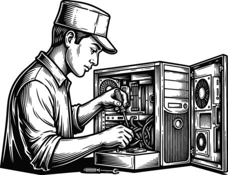 Skilled computer technician performing hardware diagnostics and repair on an open desktop tower, depicted in a classic black and white line art style vector