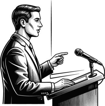 Professional Businessman Addressing Audience from Lectern with Microphone, Motivational Speaker in Suit, Debate or Presentation Scene, Focused Expression, Gesturing Hand vector