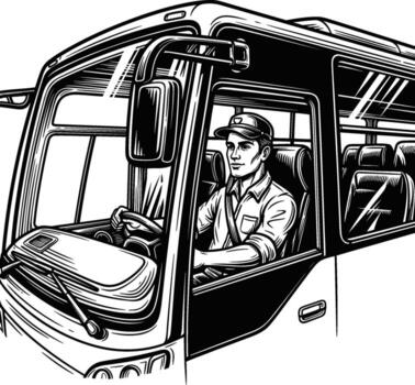 Professional bus operator focused on safe passenger transport, navigating routes with skill and dedication, ensuring reliable public transit services for daily commuters vector