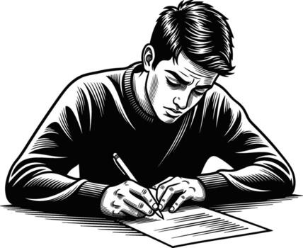 Focused Individual Engaged in the Act of Writing, Meticulously Composing on Paper, Capturing Thoughts and Ideas for a Project, Black and White Illustration vector