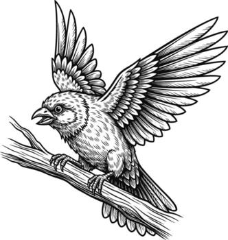 Detailed Line Art of a Bird Taking Flight from a Branch, Featuring Intricate Feather Details and Dynamic Wing Position vector