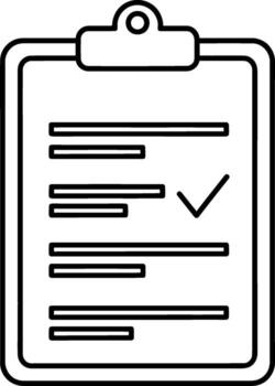 A simple black and white line art icon of a clipboard with a checklist. Symbolizing task management, project completion, and successful survey results vector