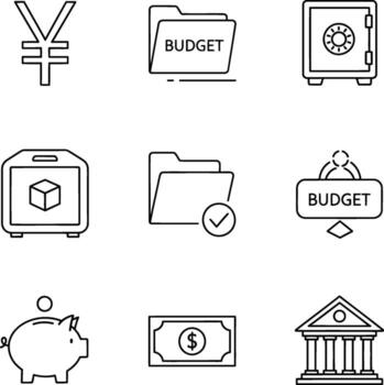 A collection of modern outline icons illustrating key financial management, budgeting, banking, and security concepts for diverse digital design projects vector