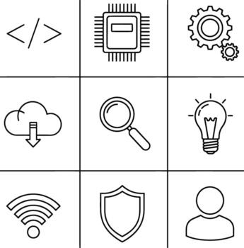 Line art technology and software development icon collection. A minimalist set featuring symbols for coding, processing, security, and connectivity vector