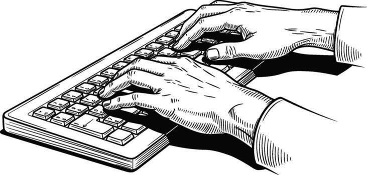 A detailed hand-drawn line art illustration of hands typing on a computer keyboard, a classic sketch representing work and technology vector