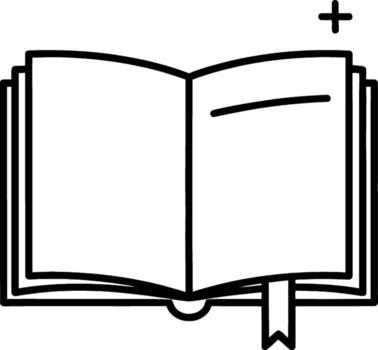 Minimalist lineart icon of an open book with blank pages and a bookmark, featuring a plus symbol for adding new knowledge or stories vector