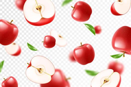 Fresh red apples with green leaves vector