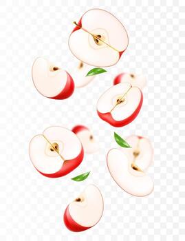 Falling sliced red apples with leaves vector
