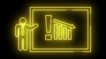 Illuminated neon display showing a stick figure gesturing toward a graph with a downward trend and an exclamation mark video