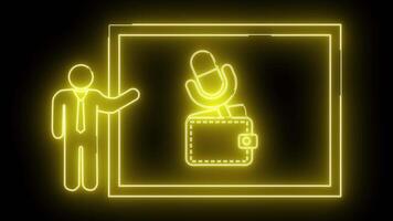 néon esboços conferencista gesticulando para uma microfone carteira ícone dentro uma retangular quadro, Armação todos brilhando amarelo em uma Preto fundo video