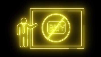 amarelo estilo neon placa apresentando uma figura gesticulando para uma Faz não Comprar símbolo em uma retangular fundo video