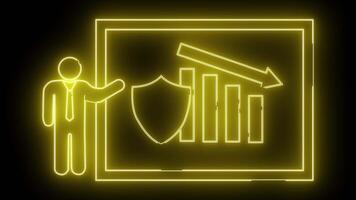 neón amarillo hombre puntos a un tablero con declinante bar grafico proteger y flecha en contra un negro antecedentes video