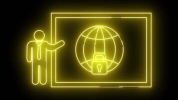 uma brilhando néon amarelo gráfico apresenta uma apresentador Próximo para uma tela exibindo uma globo seguro com uma cadeado todos conjunto contra Preto video