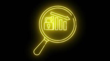 brilhando amarelo esboços uma ampliação vidro cadeado Barra gráfico e descendente seta em uma Preto fundo video