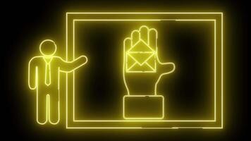 néon Projeto mostra uma bastão figura apresentando uma mão segurando a o email ícone dentro uma quadro, Armação contra uma Preto fundo video