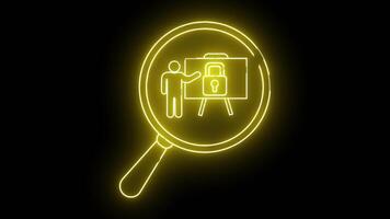 giallo neon stile arte raffigura un' persona presentazione un' sicuro documento su un cavalletto visto attraverso un' ingrandimento bicchiere video