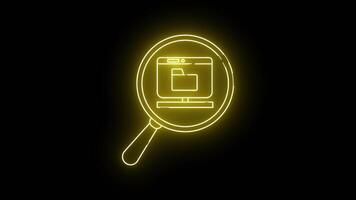 A neon yellow magnifying glass frames a monitor displaying a file folder set against a black background video