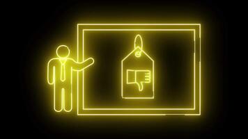 Neon drawing of a presenter pointing to a tag with a thumbs down in front of a screen video