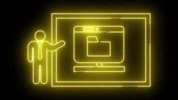 en neon översikt av en person presenter en dator visa med en mapp uppsättning mot en skarp svart bakgrund video