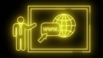 Yellow neon outline of a person presenting a website and globe inside a rectangular frame on a black background video