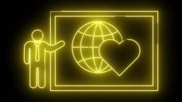 Illuminated design featuring a man globe and heart within a square frame glowing in yellow video