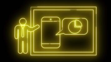 Neon graphic of a presenter phone pie chart within a square outline on a black background video