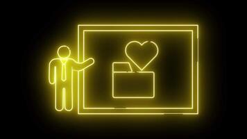 neon design företag person presenter mapp med hjärta ikon på en rektangulär visa mot en svart bakgrund video