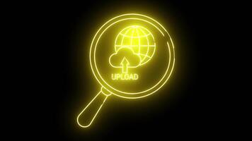 en neon gul översikt av en förstorande glas visar ett ladda upp ikon ovan de ord ladda upp med en klot Bakom den video