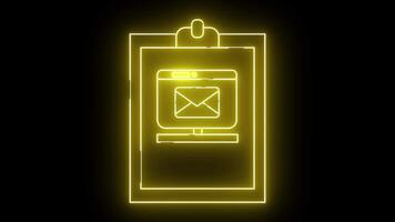 en lysande gul neonstil grafisk av en Urklipp med en dator skärm visning ett kuvert på den video