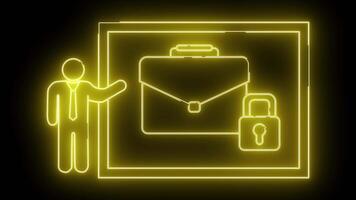 gul neon konturer av en person portfölj och låsa inom en fyrkant ram mot en svart bakgrund video