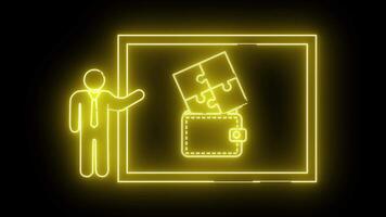 brilhando néon estilo esboços uma pessoa uma carteira com enigma peças e uma retangular quadro, Armação em uma Sombrio fundo video