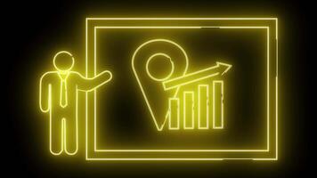 Yellow neon artwork shows a presenter with a chart displaying a location pin bar graph and an upwardpointing arrow video