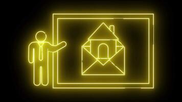 Illuminated neonyellow stick figure presenting a houseinenvelope icon in a square frame against a black backdrop video