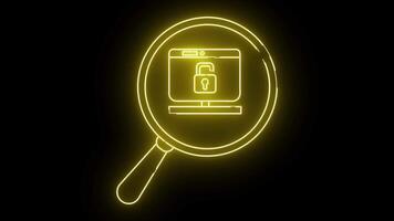 geel neon contouren van een computer met een Open hangslot binnen een vergroten glas Aan een zwart achtergrond video