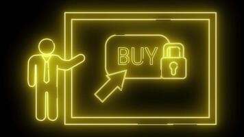 geel neon grafisch figuur kopen knop cursor slot in een plein kader tegen een zwart achtergrond video