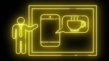 neongeel icoon persoon richten Bij een telefoon tonen koffie in een toespraak bubbel binnen een rechthoek video