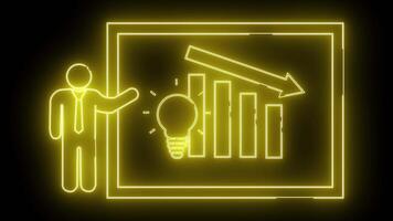 uma néon amarelo bastão figura apresenta uma gráfico mostrando uma queda tendência com uma luz lâmpada perto video